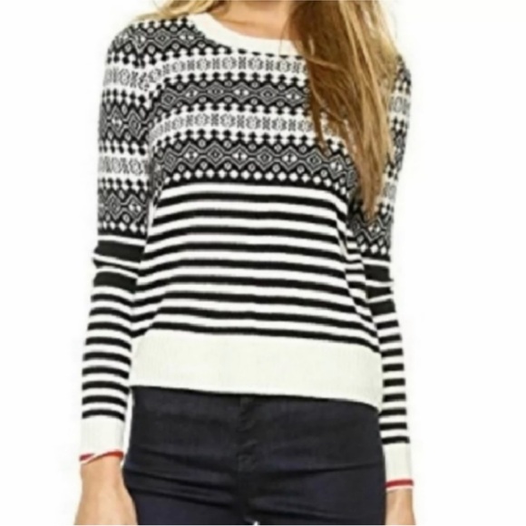 Madewell Fair Isle 100% Wool Black and Ivory Striped Women's Small Sweater - Picture 1 of 8